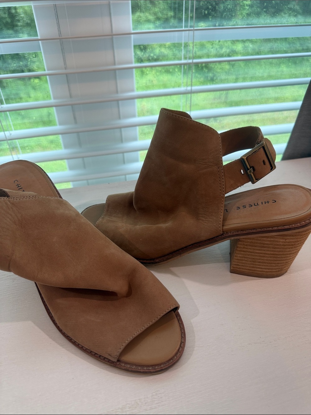 Chinese Laundry Tan Open-Peep Toe Slingback Block Heels